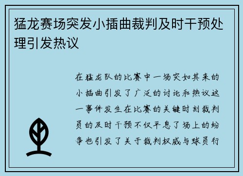 猛龙赛场突发小插曲裁判及时干预处理引发热议