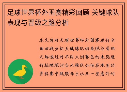 足球世界杯外围赛精彩回顾 关键球队表现与晋级之路分析