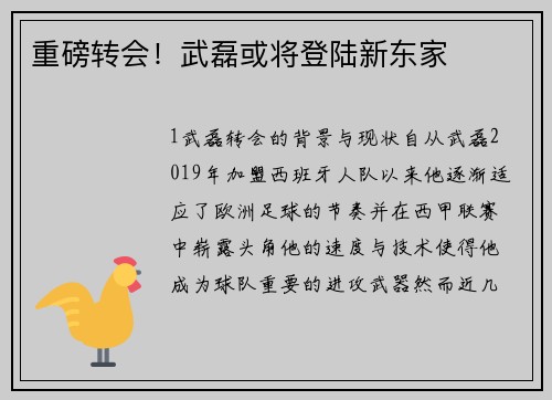 重磅转会！武磊或将登陆新东家